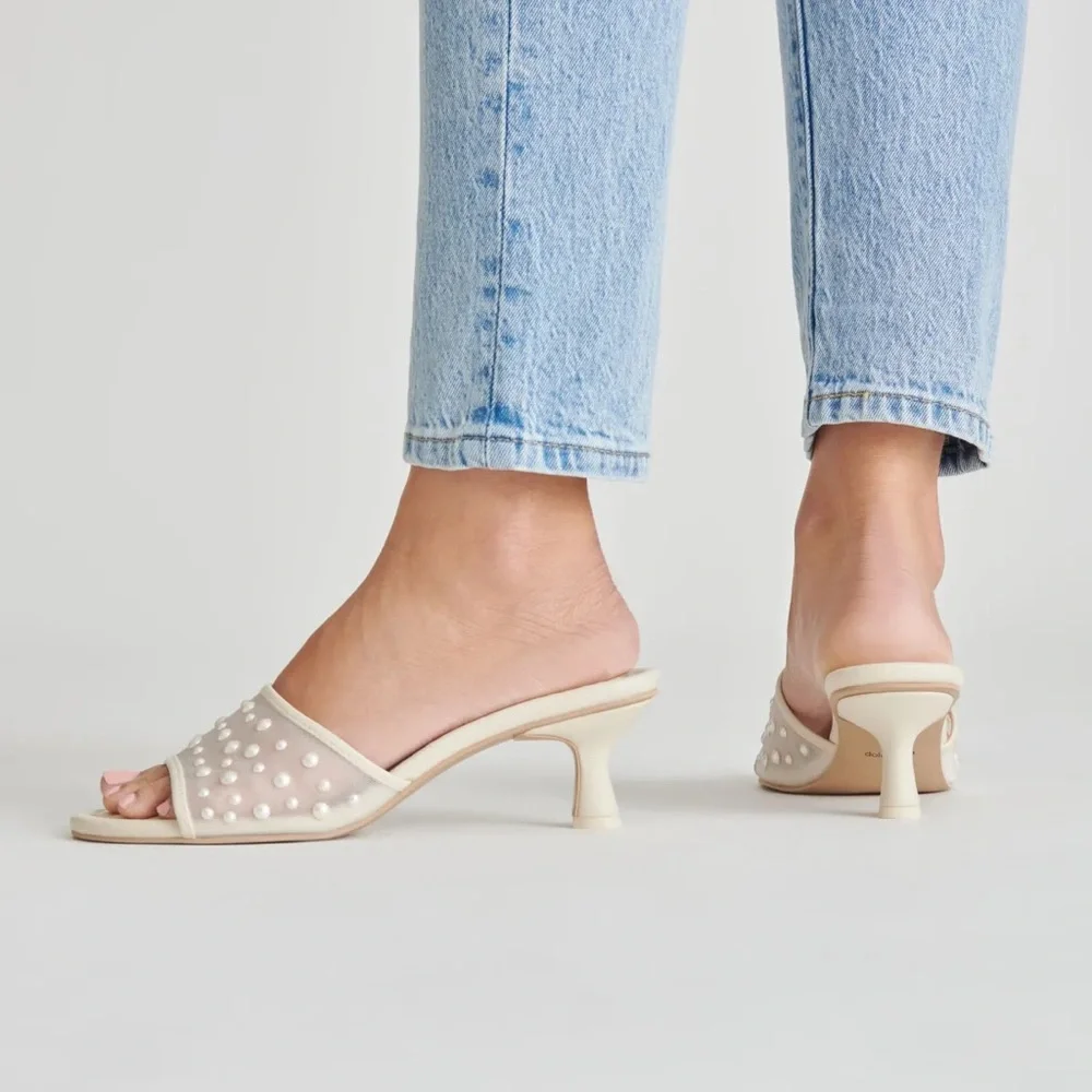 Dolce Vita Pearl-Studded Cream Slide Heels